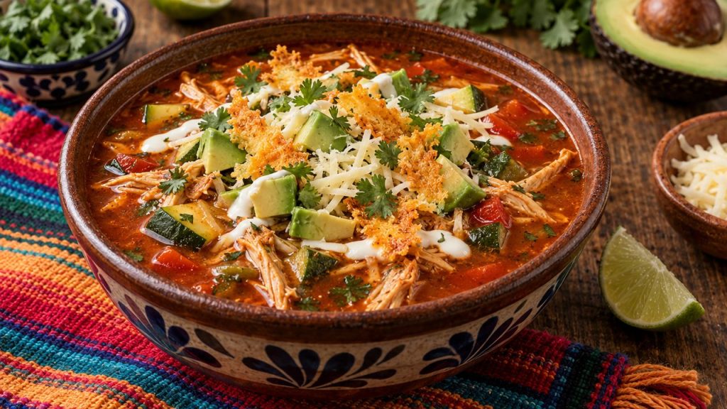 Instant-Pot Chicken “Tortilla-Less” Soup, plated and ready to serve