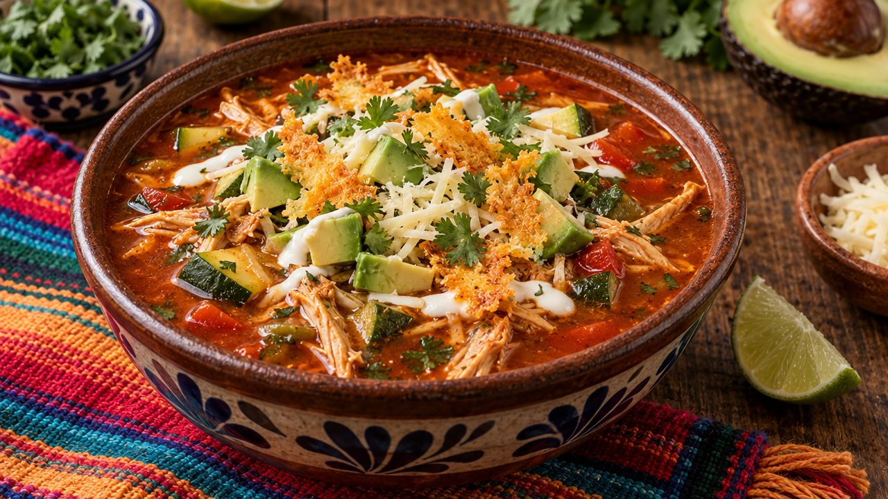 Instant-Pot Chicken “Tortilla-Less” Soup, plated and ready to serve
