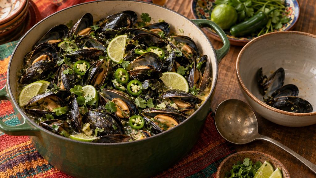 Jalapeño-Lime Mussels Steam-Pot, plated and ready to serve