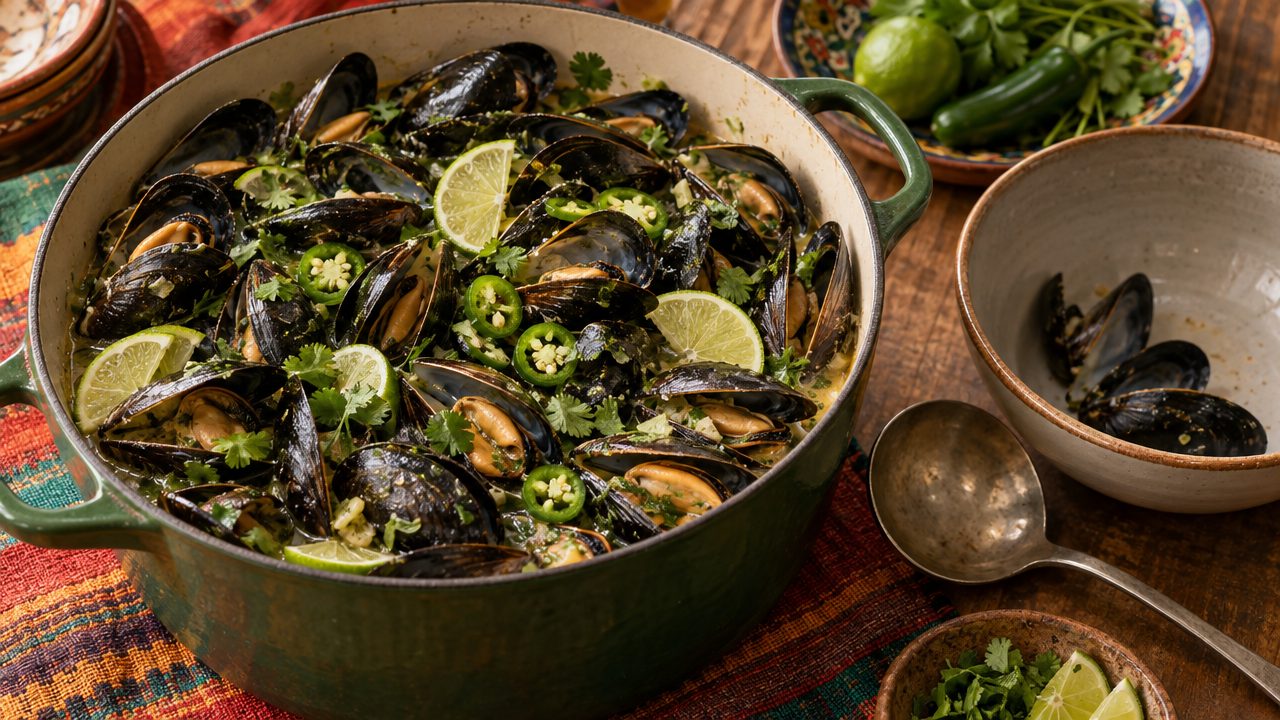 Jalapeño-Lime Mussels Steam-Pot, plated and ready to serve