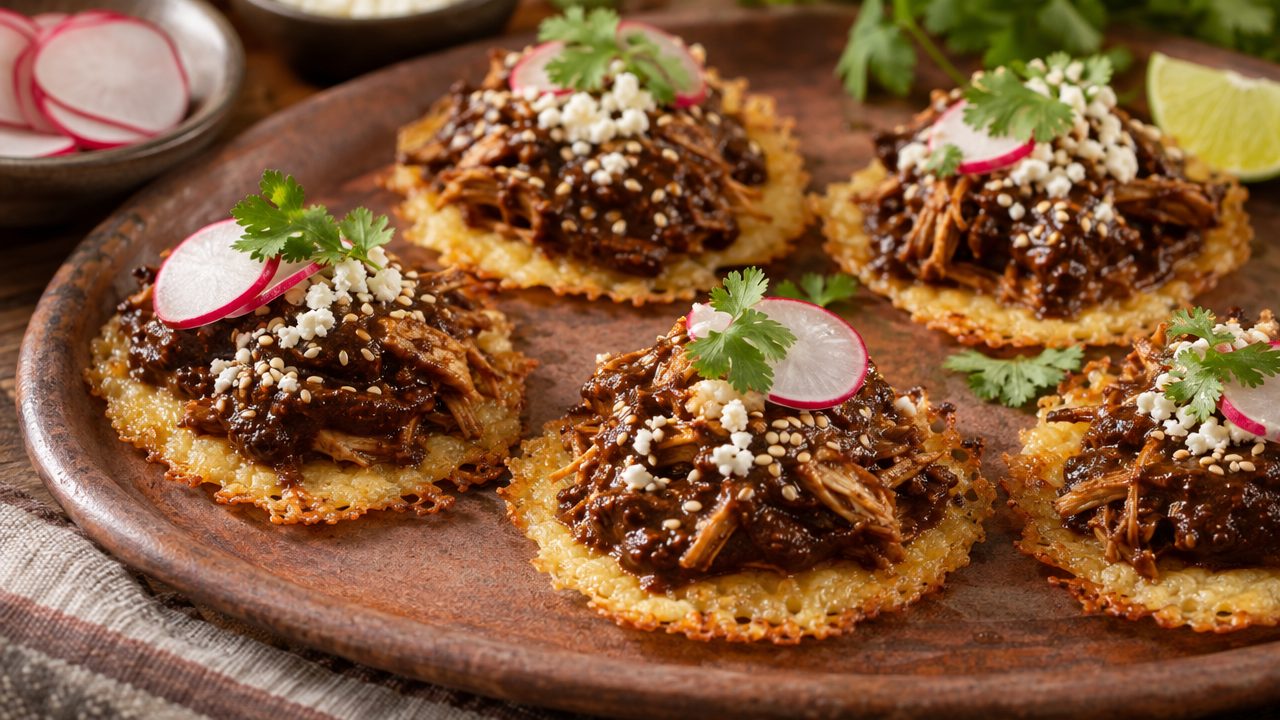 Keto Mole Chicken Mini-Tostadas, plated and ready to serve