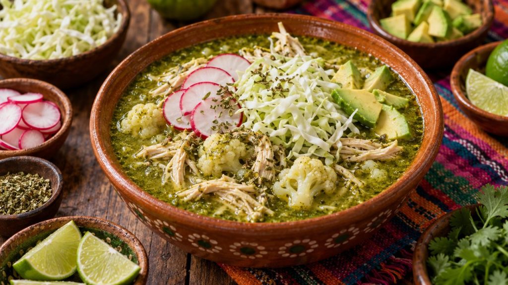 Keto Pozole Verde, plated and ready to serve