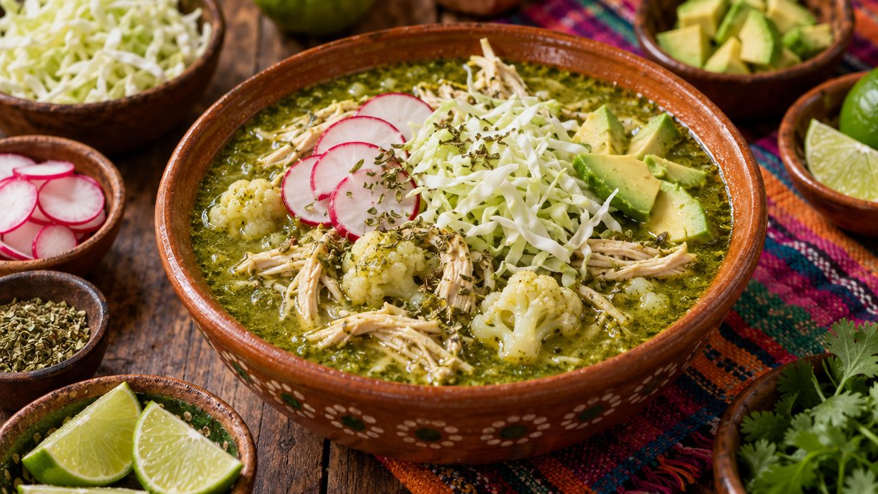 Keto Pozole Verde, plated and ready to serve