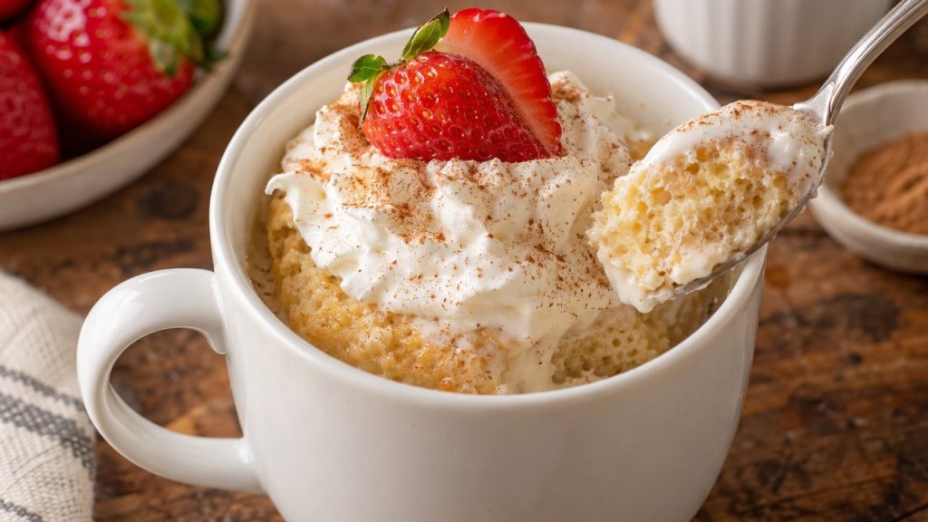 Keto Tres Leches Mug Cake, plated and ready to serve