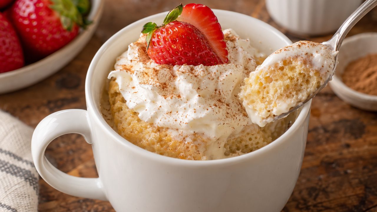 Keto Tres Leches Mug Cake, plated and ready to serve