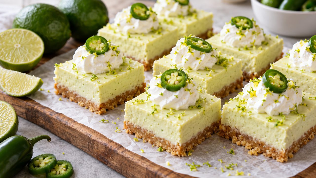 Key Lime–Jalapeño Cheesecake Bars, plated and ready to serve