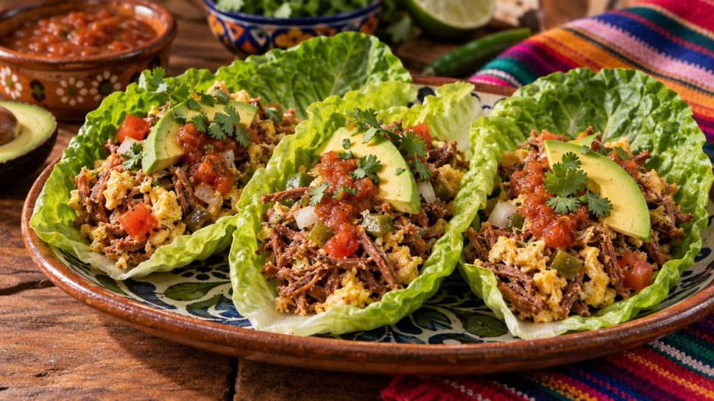 Machaca con Huevos Lettuce Tacos, plated and ready to serve