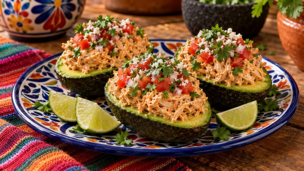Mexican Chicken-Stuffed Avocados, plated and ready to serve