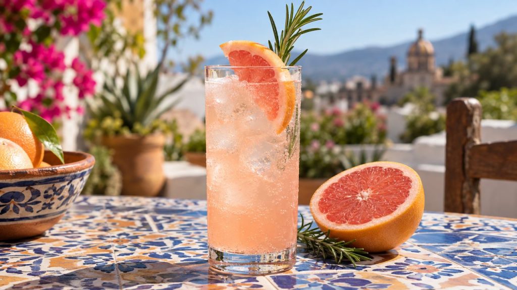 Mezcal Paloma Spritz, plated and ready to serve