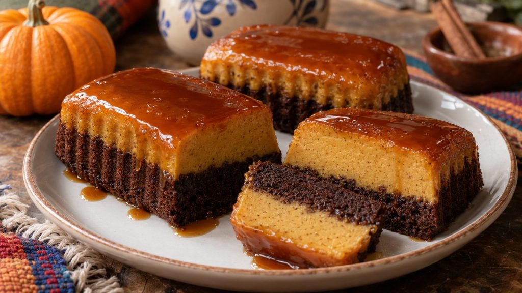 Mini Pumpkin Chocoflan Loaves, plated and ready to serve