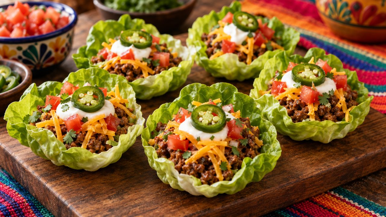 Mini Taco Cups with Lettuce Shells, plated and ready to serve