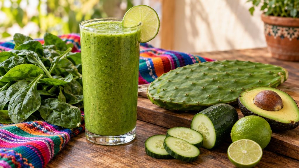 Nopal & Spinach Green Smoothie, plated and ready to serve