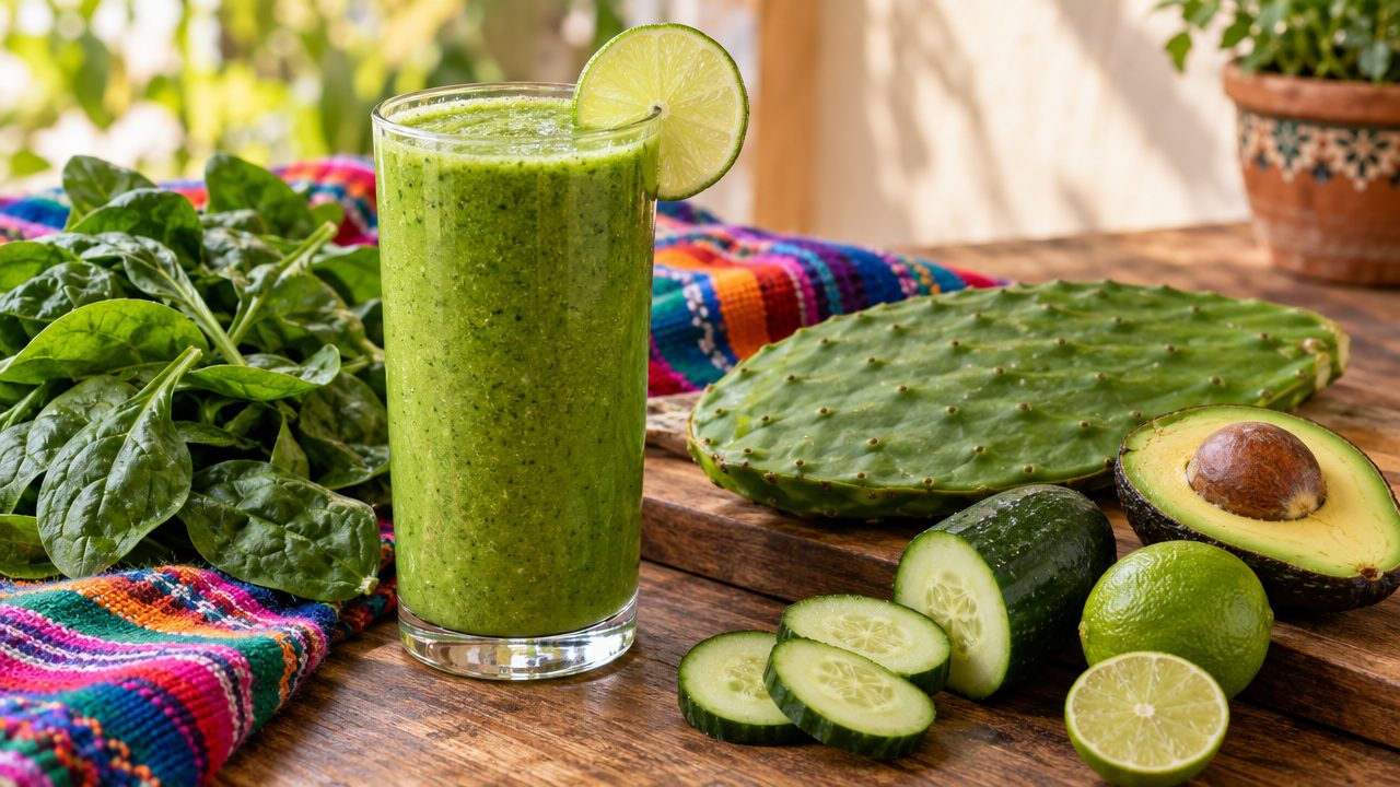 Nopal & Spinach Green Smoothie, plated and ready to serve