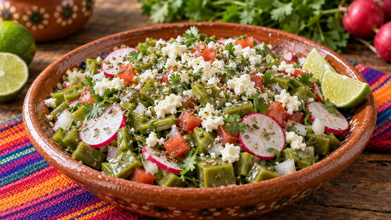 Nopales, Radish & Queso Fresco Salad, plated and ready to serve