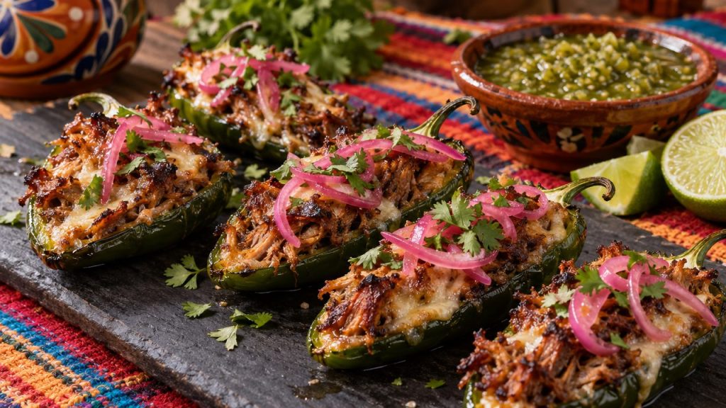Pork-Belly Carnitas-Stuffed Jalapeños, plated and ready to serve