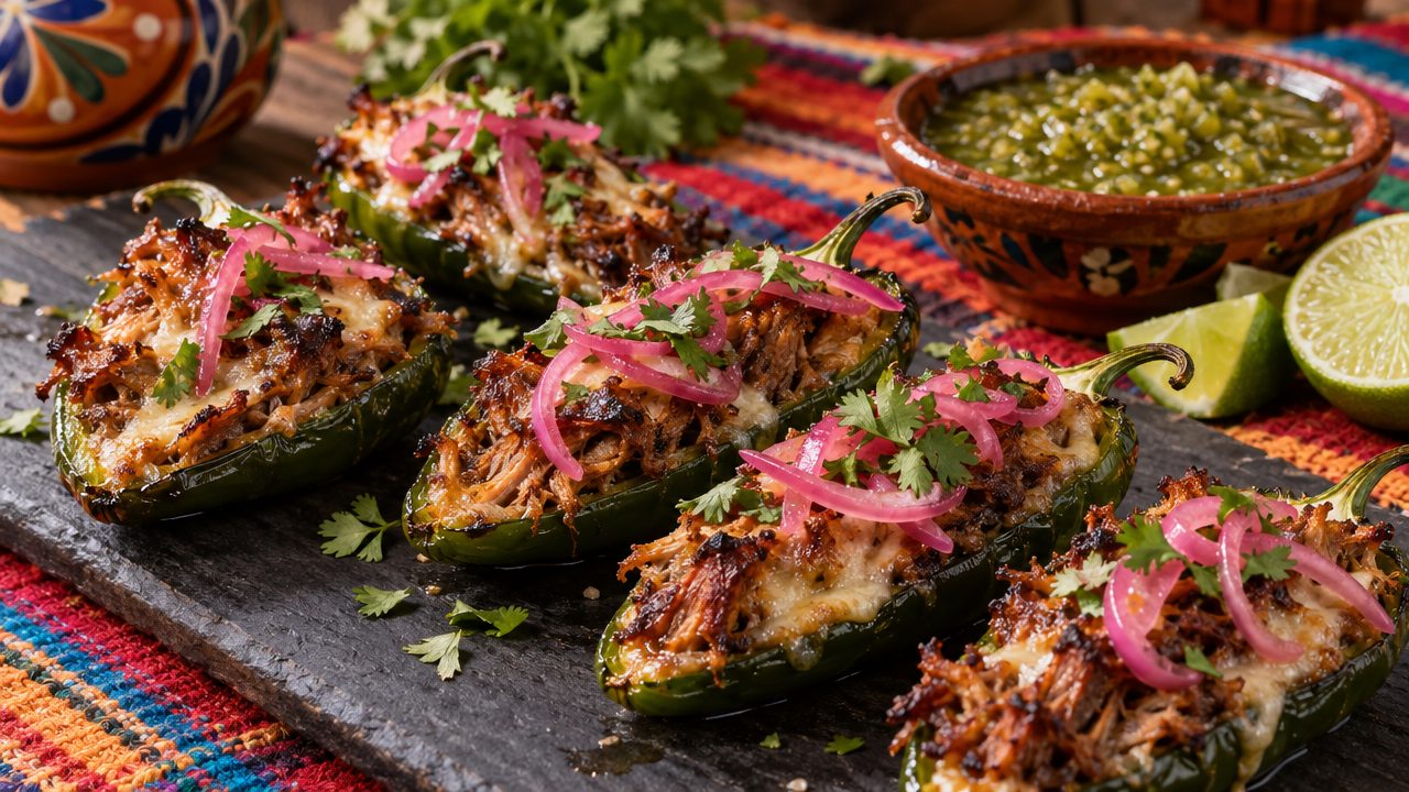Pork-Belly Carnitas-Stuffed Jalapeños, plated and ready to serve