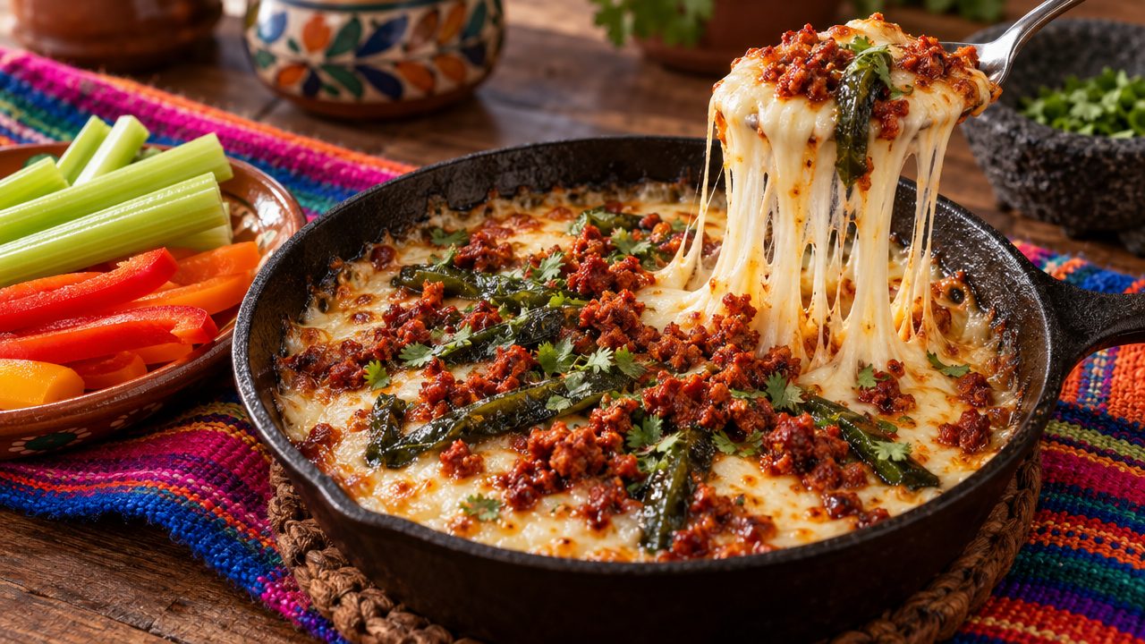 Queso Flameado with Chorizo, plated and ready to serve