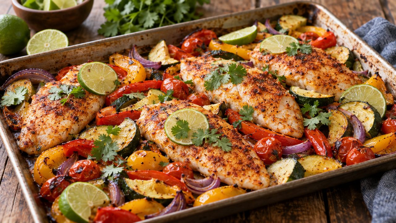Sheet-Pan Chili-Lime Tilapia & Veggies, plated and ready to serve