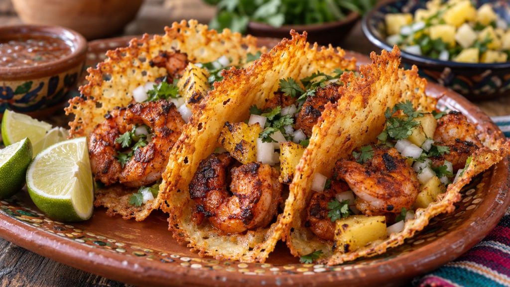 Shrimp al Pastor Cheese-Crisp Tacos, plated and ready to serve