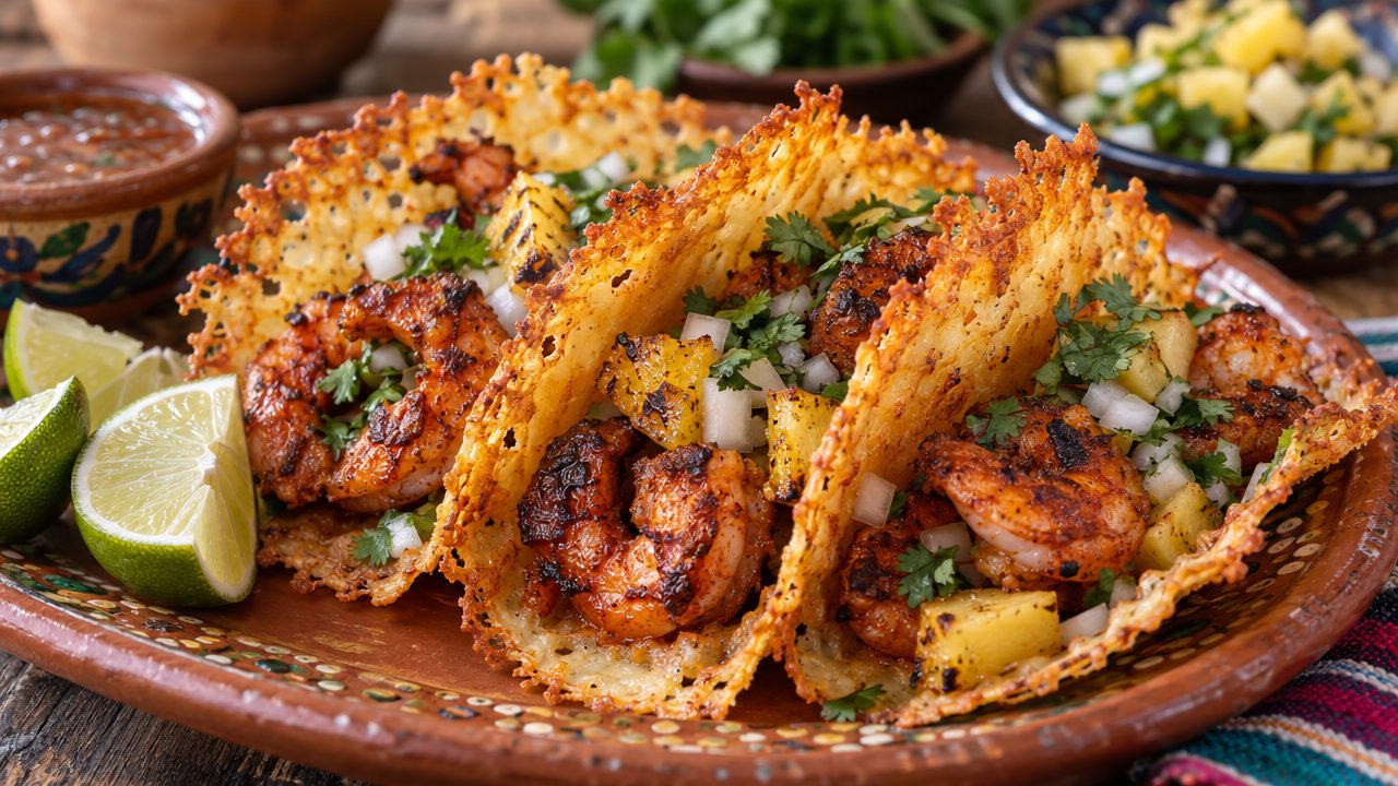 Shrimp al Pastor Cheese-Crisp Tacos, plated and ready to serve