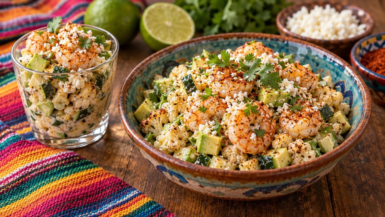 Shrimp & Avocado “Esquites” Salad, plated and ready to serve