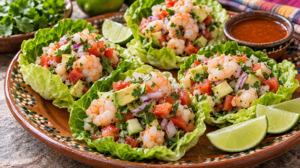 Shrimp Ceviche Lettuce “Tostadas”, plated and ready to serve
