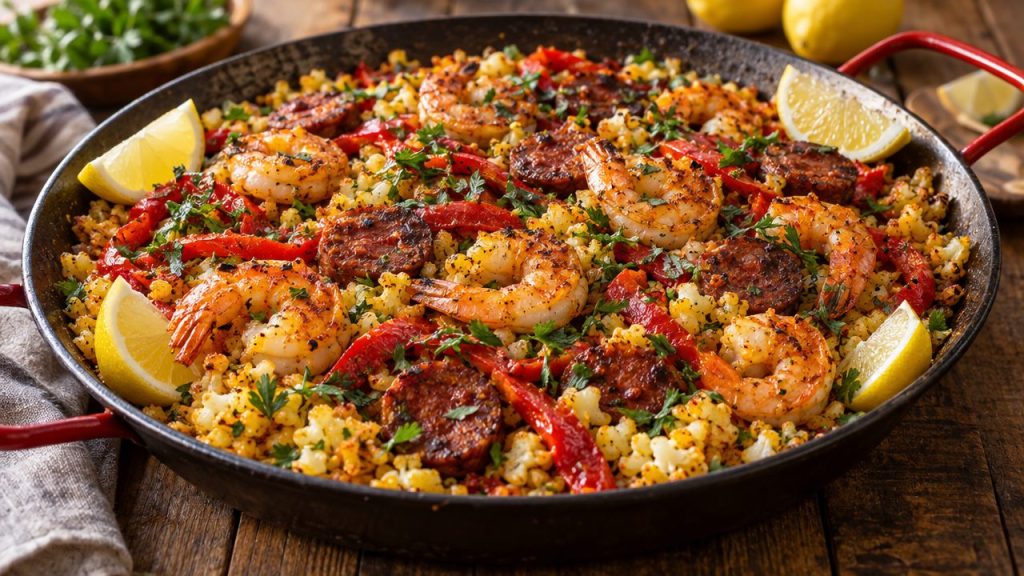 Shrimp-Chorizo Cauliflower “Paella”, plated and ready to serve