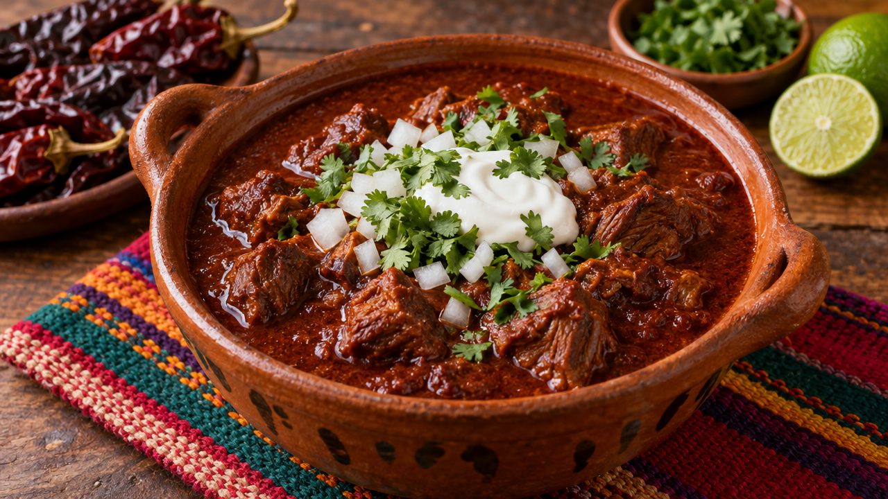 Slow-Cooker Chili Colorado, plated and ready to serve