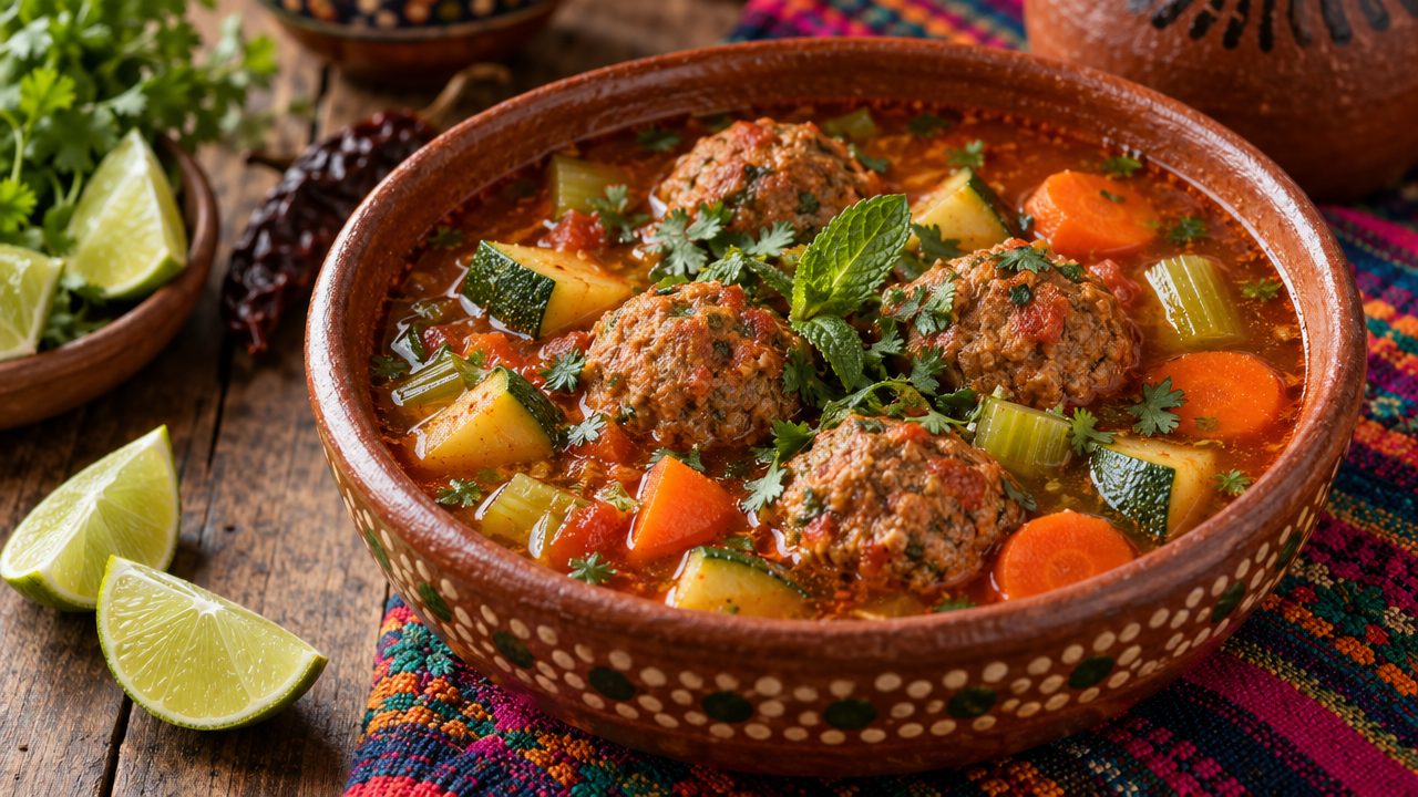Spicy Albóndigas (Meatball) Soup, plated and ready to serve