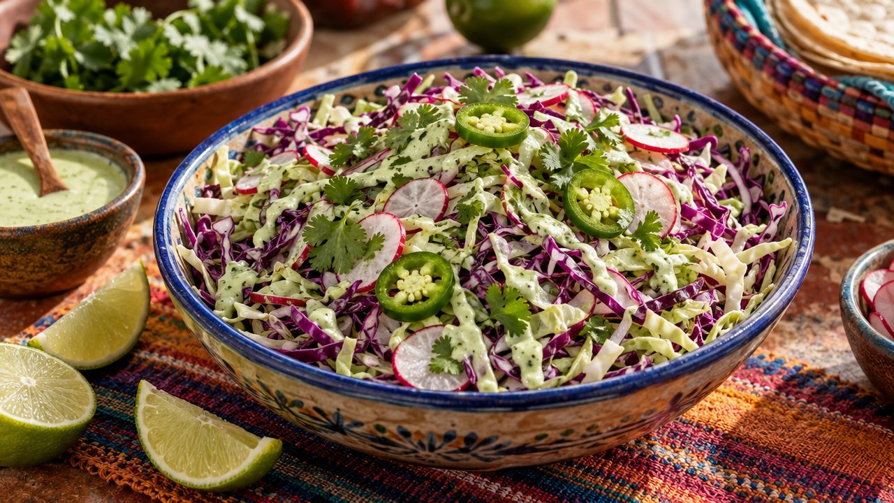 Spicy Cabbage Slaw with Lime Crema, plated and ready to serve