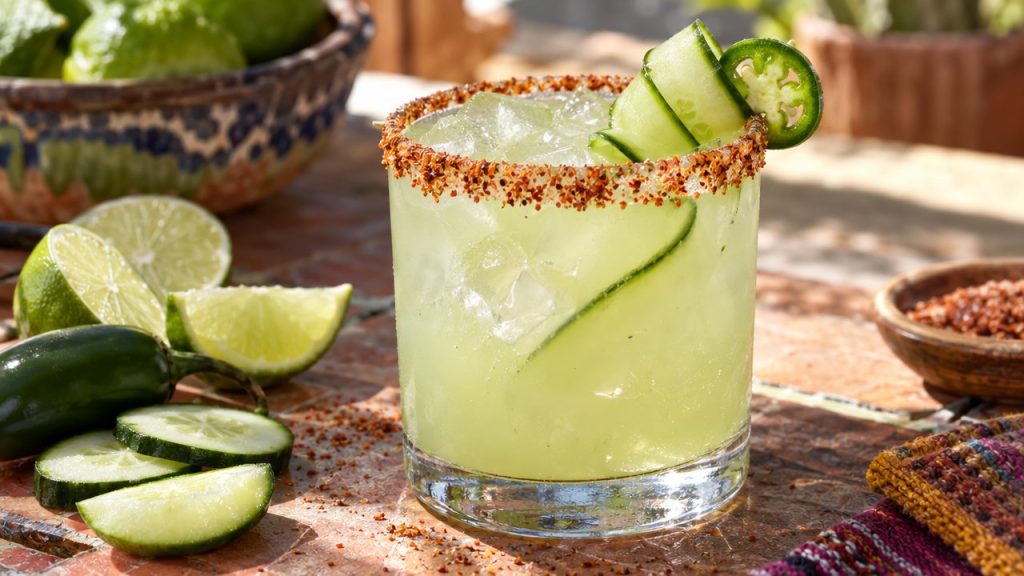 Spicy Cucumber Skinny Margarita, plated and ready to serve