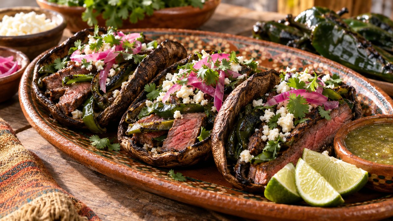 Steak & Poblano Portobello “Tacos”, plated and ready to serve