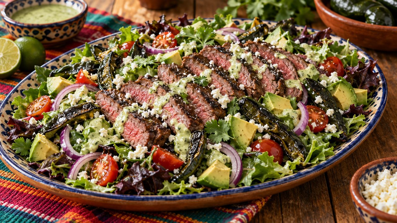 Steak & Roasted Poblano Salad, plated and ready to serve