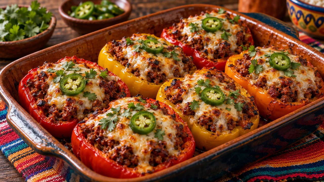 Stuffed Bell Peppers with Chorizo & Cauliflower Rice, plated and ready to serve