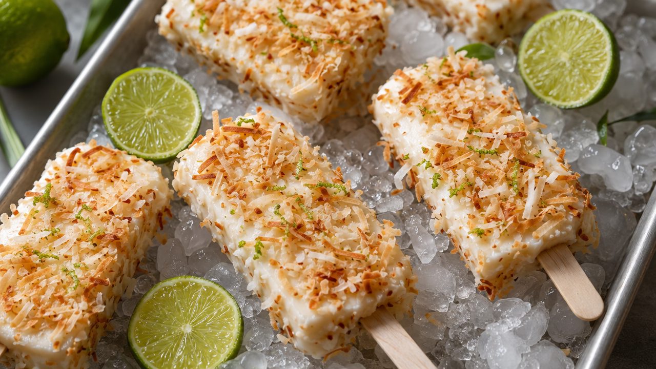 Toasted Coconut Paletas (Keto Coconut-Lime Ice Pops), plated and ready to serve