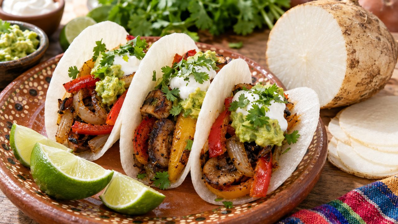 Veggie Fajita Jicama-Sheet Tacos, plated and ready to serve