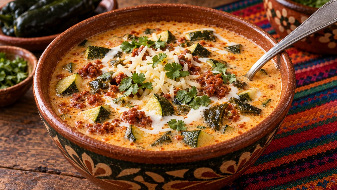 Zucchini-Chorizo Chowder, plated and ready to serve