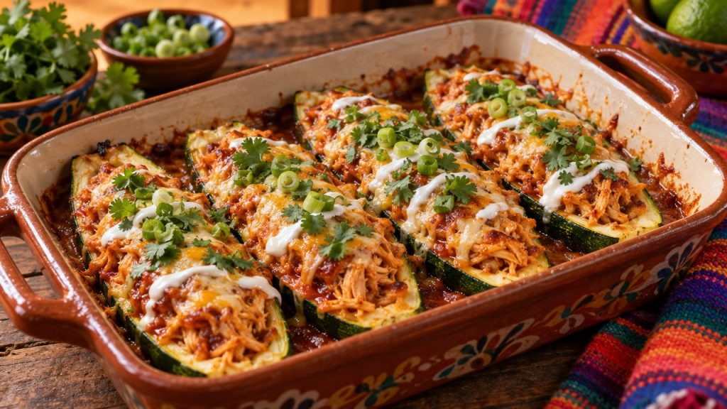 Zucchini Enchilada Boats, plated and ready to serve