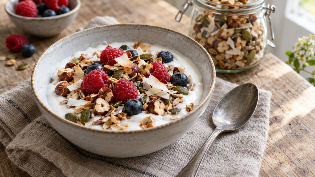 Nut and seed muesli with coconut yogurt