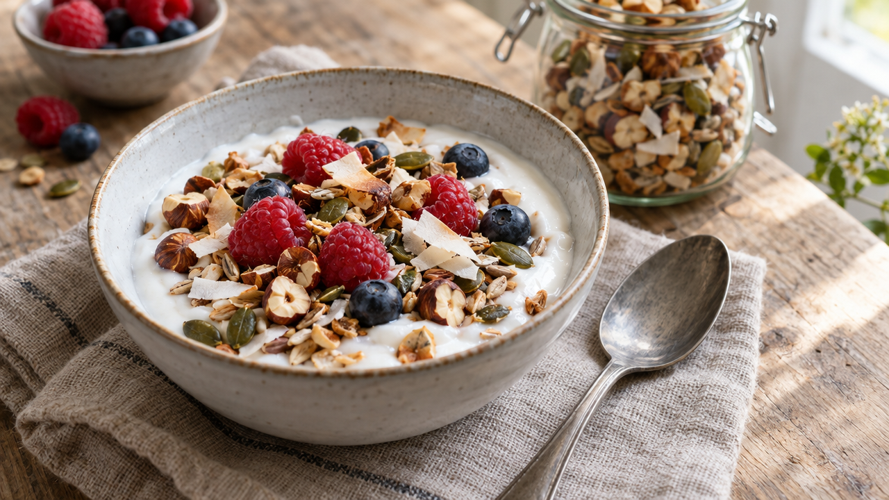 Nut & Seed Müsli with Coconut Yogurt, plated and ready to serve