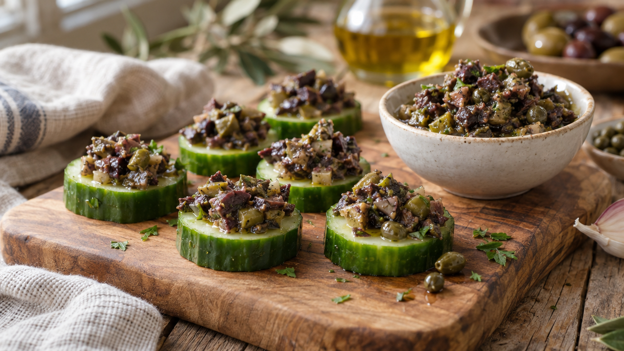Olive tapenade on cucumber slices