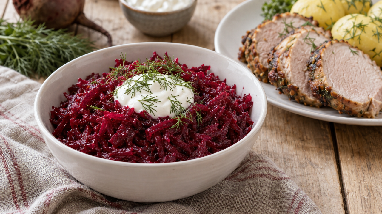 Polish Buraki Zasmażane, Sautéed Beets, plated and ready to serve