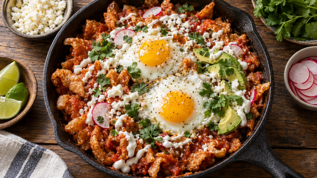 Pork-Rind Chilaquiles Skillet with fried eggs