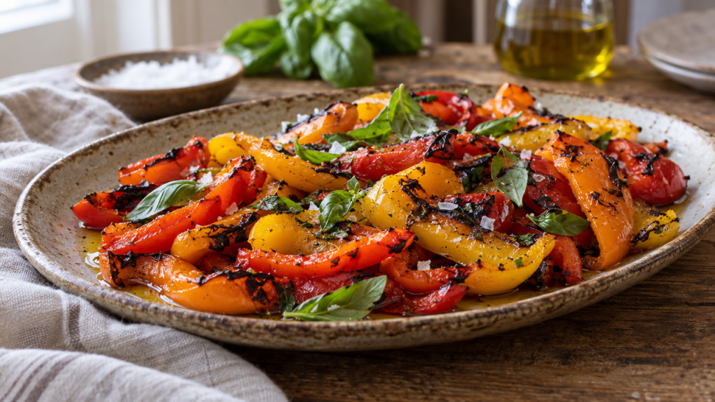 Roasted bell peppers with basil and olive oil