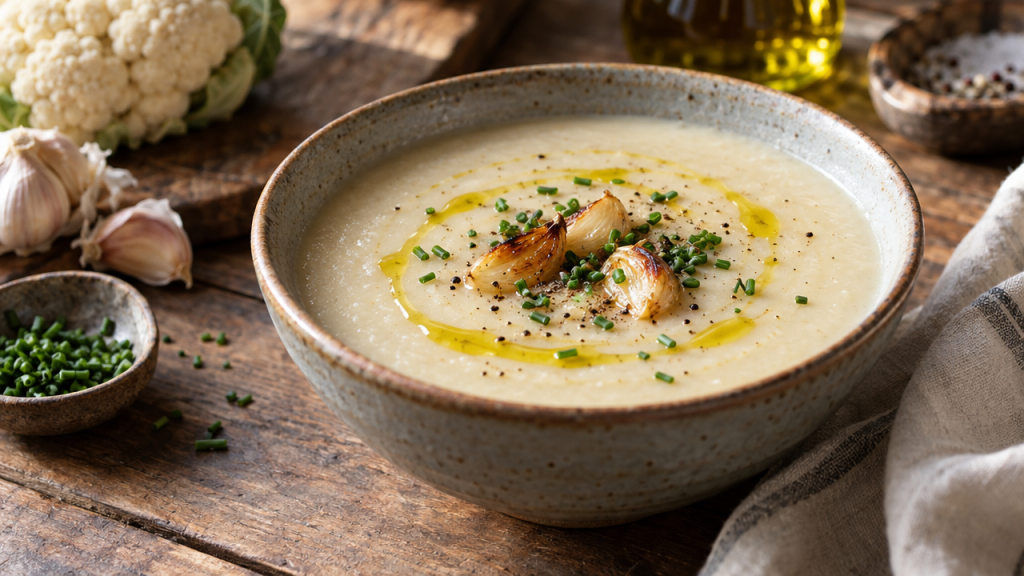 Roasted garlic and cauliflower soup