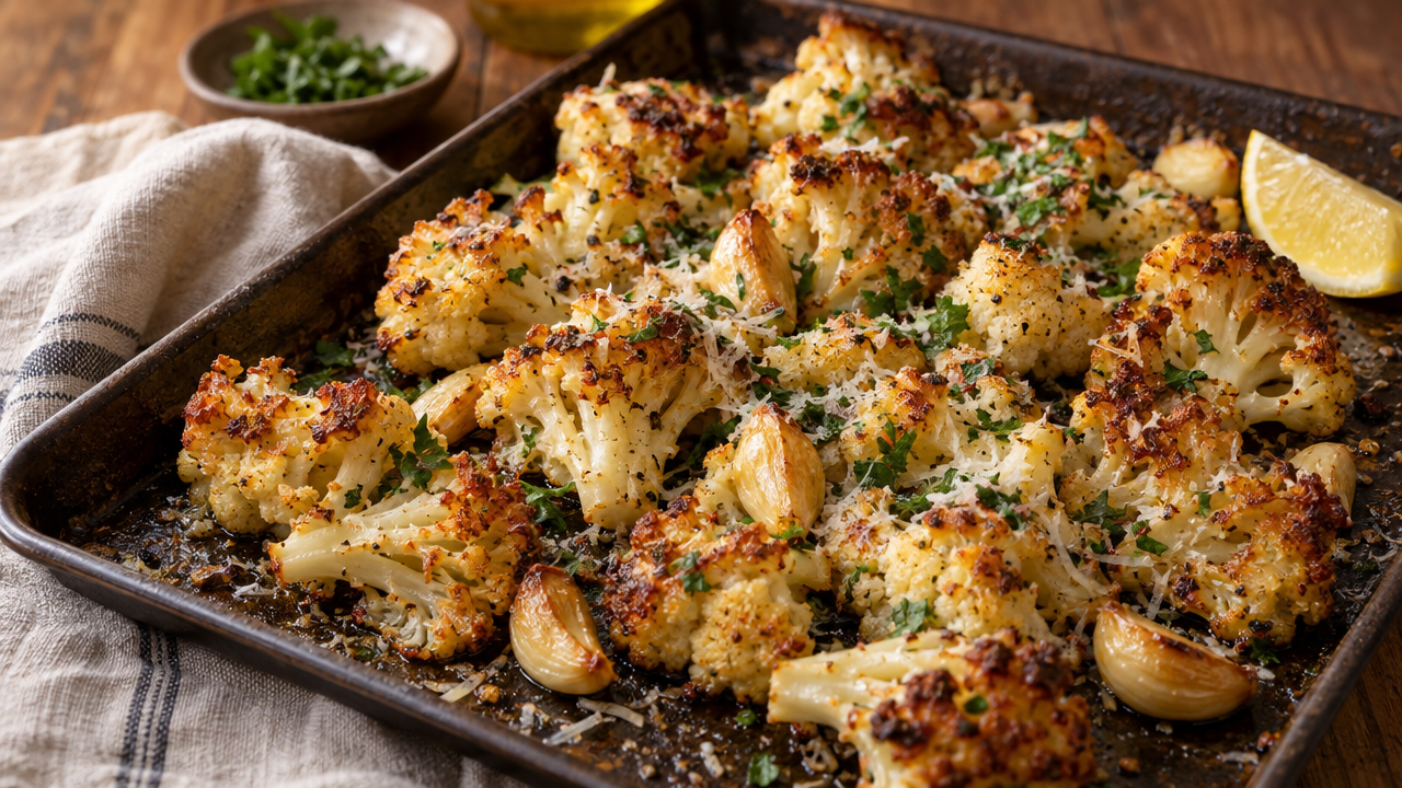 Roasted Garlic Parmesan Cauliflower ingredients flat lay