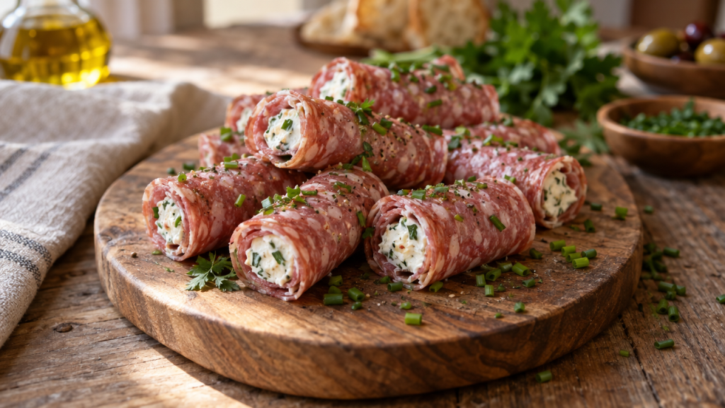 Salami roll ups with herbed cream cheese