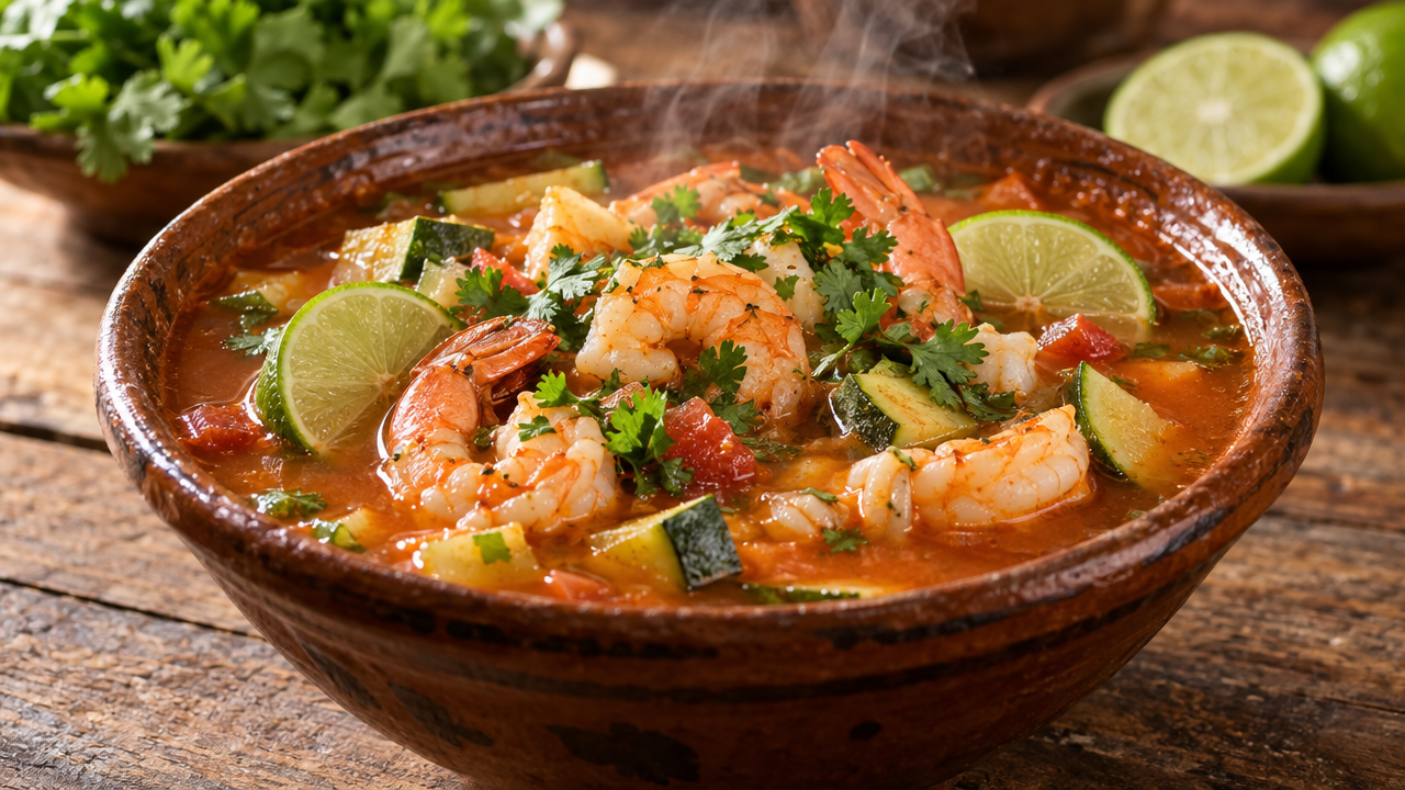 Shrimp & Lime Caldo de Mariscos, plated and ready to serve