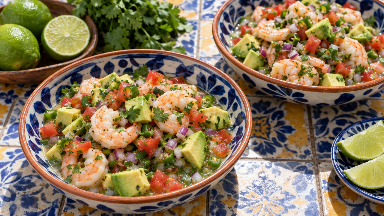 Shrimp & Avocado Ceviche Bowls, plated and ready to serve
