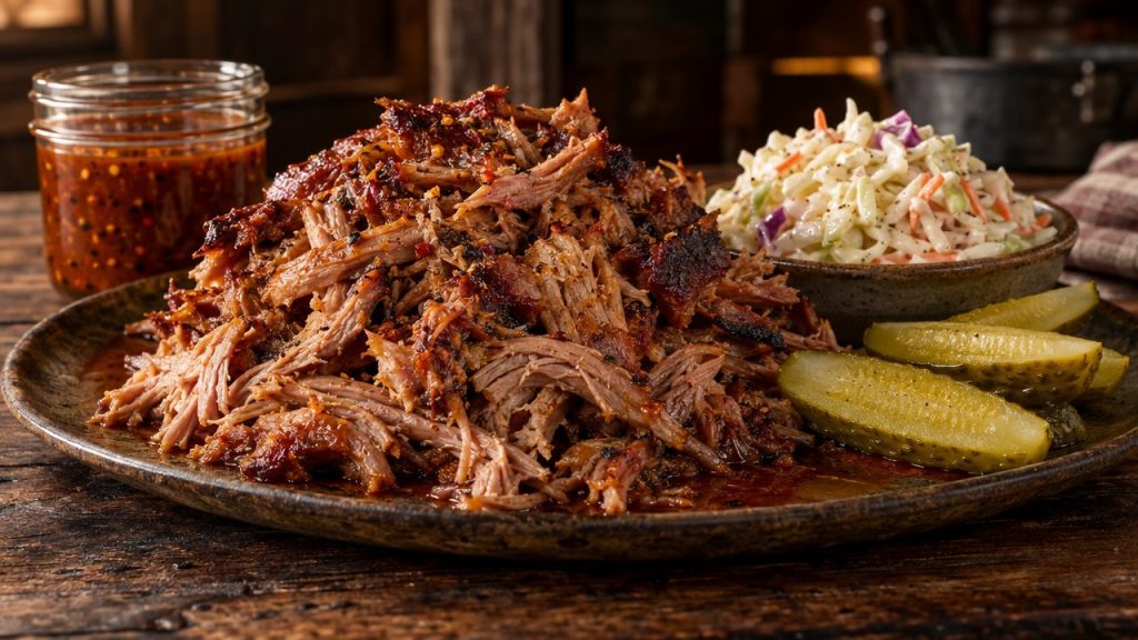Vinegar BBQ Pulled Pork, plated and ready to serve